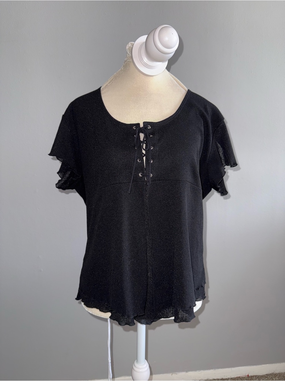 Hiatus Black Mesh Lace-Up Short Sleeve Blouse